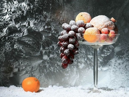 frozen - winter, frozen, glass, fruits