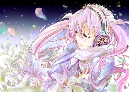 Floral miku - vocaloid, night, pink, flowers, bloom, radiant, headphones, miku, close, hatsune