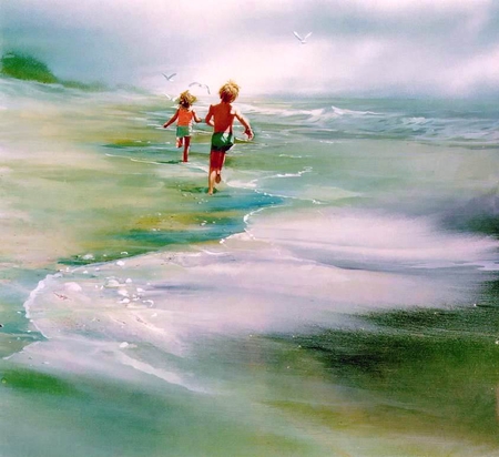 Carolyn Blish - Run to Win - boy, beach, painting, carolyn blish, run, sea, art