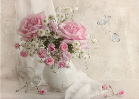 Still life - nice, beauty, roses, photography, delicate, bouquet, rose, still life, white, pretty, cool, gently, harmony, soft, scarf, lovely, butterfly, pink, beautiful, flowers, colors, photo, flower, elegantly