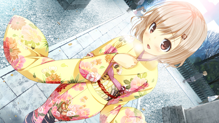 Nice - pink eyes, short hair, bldh, dress, brown hair, yukata