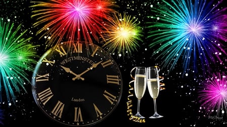 New Year to Celebrate - clock, new years, drink, new years eve, champagne, bright, time, fireworks, sky