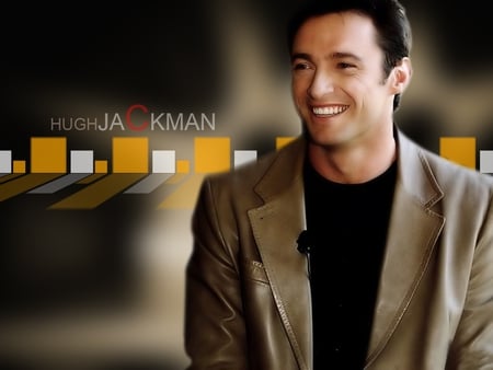 Hugh Jackman - male, dark hair, actor, brown jacket, black sweters, nice smile