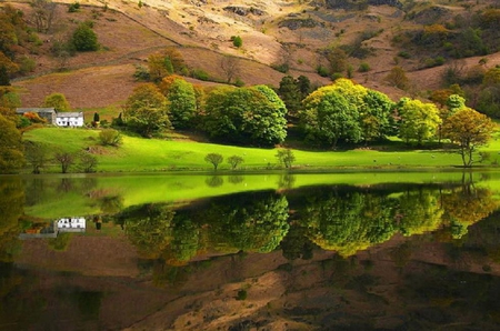 Reflection. - nature, lake, landscape, mountain, reflection, scenery, tree, house