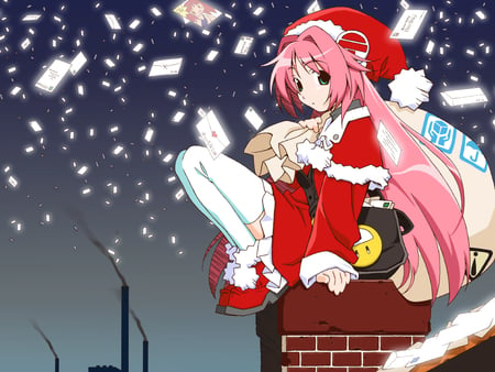 Fallen Snow Cards - hat, santa uniform, chimney, girls bravo, anime, anime girl, snow, pink, bag, hair, christmas, cards, roof, miharu, pipe factory, other