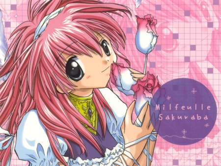 Milfeulle Sakuraba - galaxy angel, milfeulle sakuraba, pretty, pink, anime, tiles, flowers, angel wings, dress