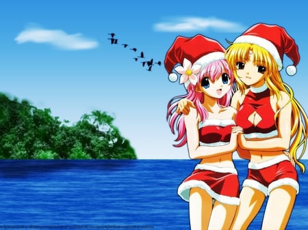 Galaxy Sun Christmas - clouds, ga, anime, birds, milfeulle sakuraba, hats, island, ranpha franboise, galaxy angel, ocean, santa outfits, flowers, christmas, sky