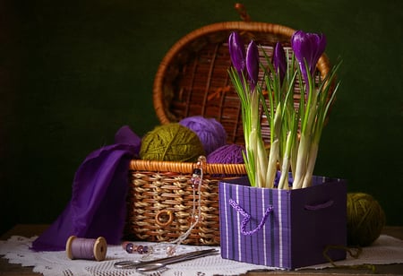 Still Life - purple, thread, scissors, flowers, basket, still life, beads, wool