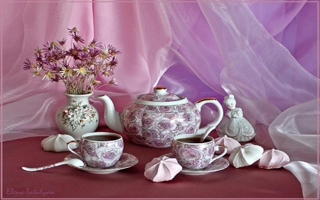 Still life. - flower, vase, saucer, still life, cup, teapot