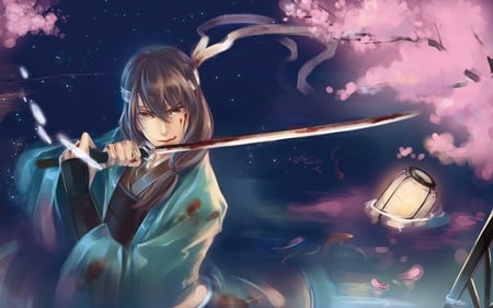 Katsura Kotaro - male, gintama, water, historical, blood, katsura kotaro, lantern, katana, shounen, anime, sword, cherry blossoms