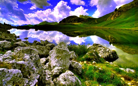 REFLECTING LAKE - sky, lake, reflection, mountain, clouds, stones