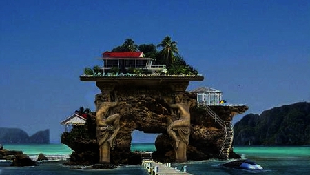 Beautiful Place - house, sea, trees, statues