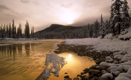 Sunny reflexion - sky, trees, pic, sun, water, image, sunset, rocks, river, clouds, sunny, mountain, winter, wallpaper, nature, picture, forest, wall, snow, photo