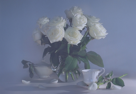 White roses for Helen - beauty, roses, delicate, water, still life, cup, vase, white roses, tea pot, petals, beautiful, leaves, harmony