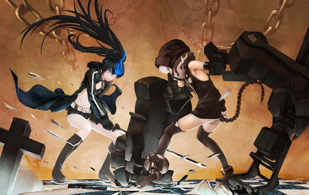 Blackâ˜…Rock Shooter - crash, female, hot, chain, thighhighs, anime girl, black hair, cross, battle, cool, rock, checkered floor, sword, tail, sexy, twintails, fighter, growing eye, boots, shooter, growing blue, hammer, mechanical arm, two girls, cannon, bikini, weapon, cape, strength, black rock shooter