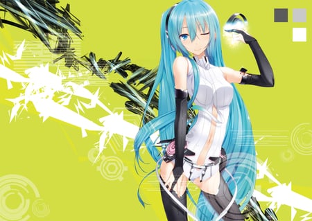 Miku Append - hatsune, miku, long, twin tails, aqua, vocaloid, yellow, eyes, white