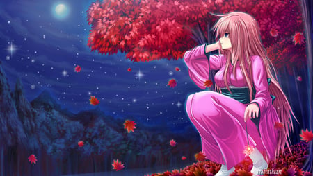 Megurine Luka - petals, megurine luka, long hair, night, tree, kimono