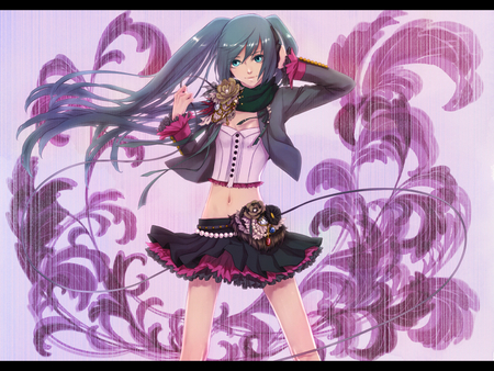 Hatsune Miku - outfit, virtual, miku, digital, vocaloids, song, microphone, uniform, singer, cool, pink, headphones, awesome, vocaloid, thighhighs, anime, twintail, blue, cg, skirt, stunning, hatsune, black, cute, beautiful, hot, amazing, girl, anime girl, white, program, artistic, pretty, aqua, thigh highs, beauty, art, diva, twin tail, nice, tie, sexy, idol, headset, music, hatsune miku