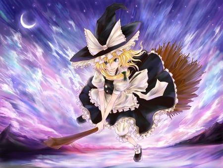 Kirisame Marisa - moon, girl, hat, anime girl, witch, touhou, blonde hair, anime, kirisame marisa