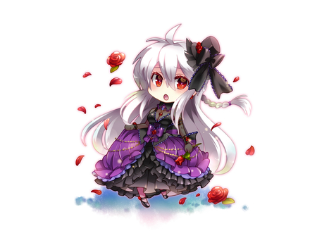 Chbi - hat, flowers, dress, chibi, long hair, petals, red eyes, white hair