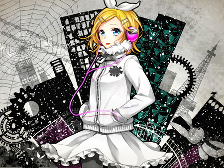 Kagamine rin - kagamine rin, blonde hair, vocaloid, blue eyes, headphones, dress