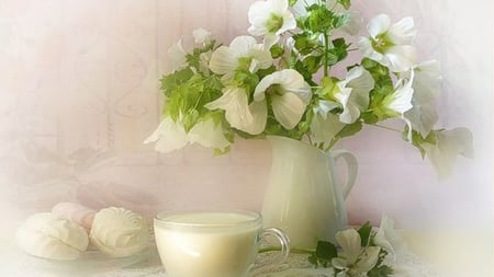 Elegance... - flowers, vase, milk, white, macaroons, still life