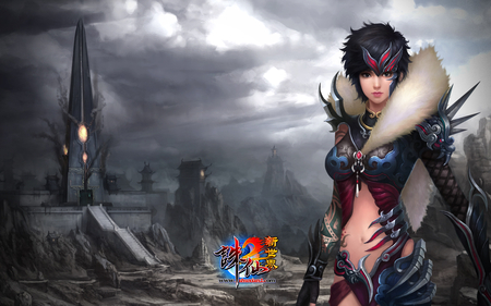 Jade Dynasty - lone, girl, female, jade dynasty, video game, tower, black hair, armor, games, game, armour, clouds, stairway, video games, short hair