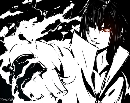 Uchiha Sasuke - anime, sasuke, sasuke uchiha, shinobi, red eyes, male, uchiha sasuke, naruto shippuden, naruto, uchiha, black and white