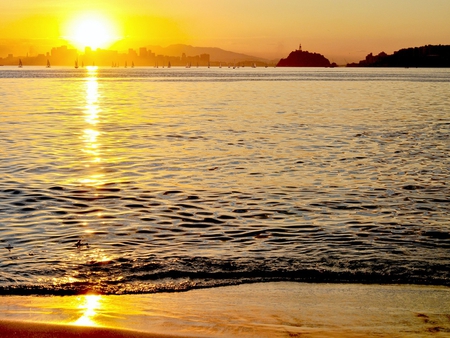 Sunset - yellow, beach, evening, sea, ocean, sun