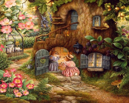 Rabbit cottage. - path, rabbit, fruit, flower, tree, cottage