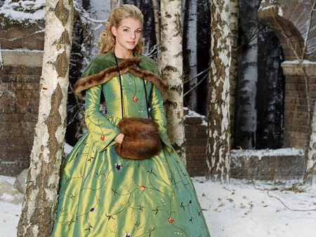 Princess of winter - woman, actress, trees, girl, winter, lovely, nature, snow, beautiful, smile, outdoor, dress, blonde, mantle