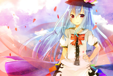 Hinanawi - red ribbon, hat, female, tenshi, long hair, white, blue, clouds, red, blossom, smile, tohou