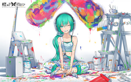 Miku Color - vocaloid, brushes, long, hair, watercolor, smile, headphones, white, riot, miku, green, hatsune