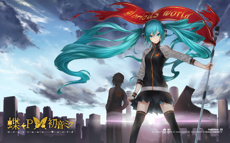 Glorious World - twintails, illustration, hatsune, flag, vocaloid, red, pose, miku, sunrise