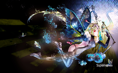 Butterfly Sparkle - red, sparkle, supernova, vocaloid, eyes, microphone, multicolor, exit, butterfly, female, tunes, green