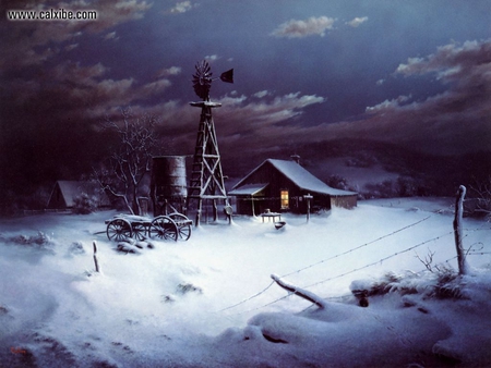 winter on the farm - clouds, house, cart, snow, blue sky, barbed wire fence, light, tree, barn