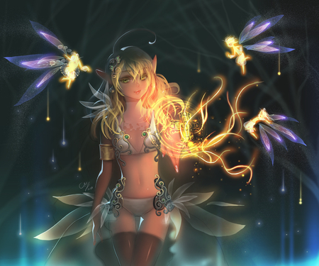 Fairy & Elf Magic - star, elves, anime girl, female, magic, hot, thighhighs, blonde hair, cool, elf, fantasy, smile, fairy, sexy, fairy and elf magic