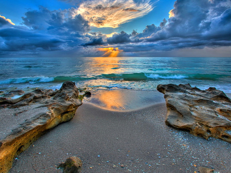 Sea sunrise - clouds, water, beach, sea, sunrise, reflection, sunset, nature, sky