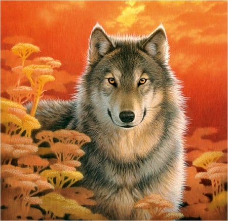 Wolf - wildlife, autumn, fantasy, wolf, painting, art, beautiful, creature, animal, orange