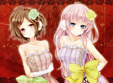 Meiko & Megurine Luka - girls, long hair, volcaloid, bow, megurine luka, anime, ribbon, friends, sing, short hair, dress