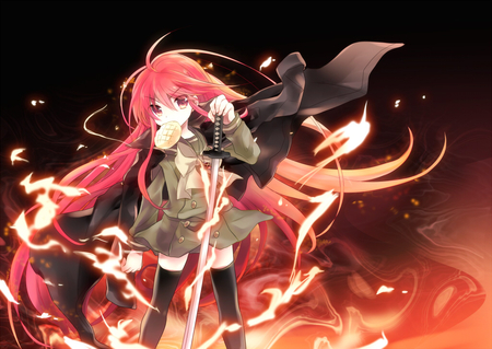 Shana - girl, anime, long hair, weapon, food, bread, shana, fire