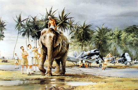 Life in the South Pacific - airplane, pacific, war, plane, ww2, elephant, f4u, puttalam, art, wwii, sout, corsair, vought, drawing, world, painting, classic, antique