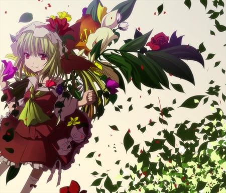 Flandre Scarlet - hat, anime, anime girl, flandre scarlet, dress, girl, flower, touhou, wings