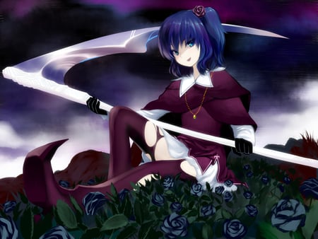 Girl - scythe, anime, anime girl, dress, girl, cool, flower, cloud, weapon