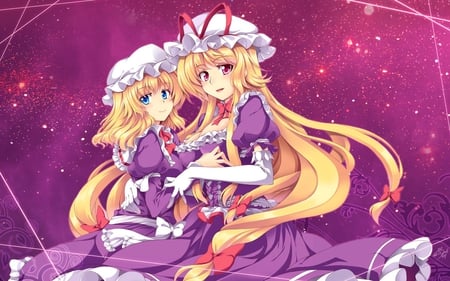 yakumo yukari & maribel han - hug, girls, touhou, maribel han, yakumo yukari