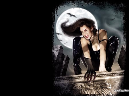 female vampire - moon, bats, crouching, brunette, buildings