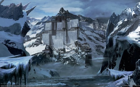 fortress in the mountains - mountains, people, clouds, boat, blue sky, buildings, snow