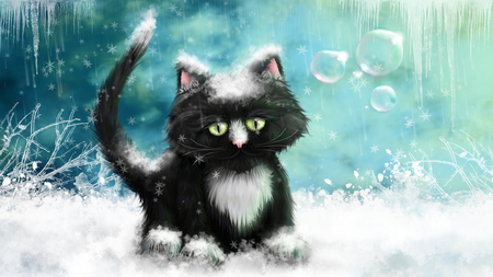 Adorable Kitten - winter, snowflakes, snow, sweet, cat, fantasy, kitten, bubbles, cute, adorable, art