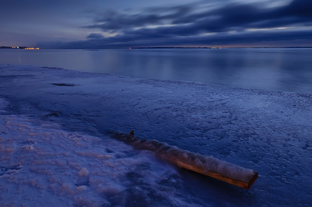 Blue winter night - beautiful, frozen, background, view, image, nature, cold, winter, water, beauty, night, wood, blue, sky, silence, clouds, ice