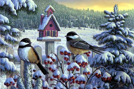 Kim Norlien. Winter chickadee - love four seasons, xmas and new year, beautiful, christmas, chickadees, bird houses, kim norlien, tree, birds, paintings, animal, winter, animals, pretty, bird, white trees, creative pre-made, lovely, berries, colors, sunrise, snow